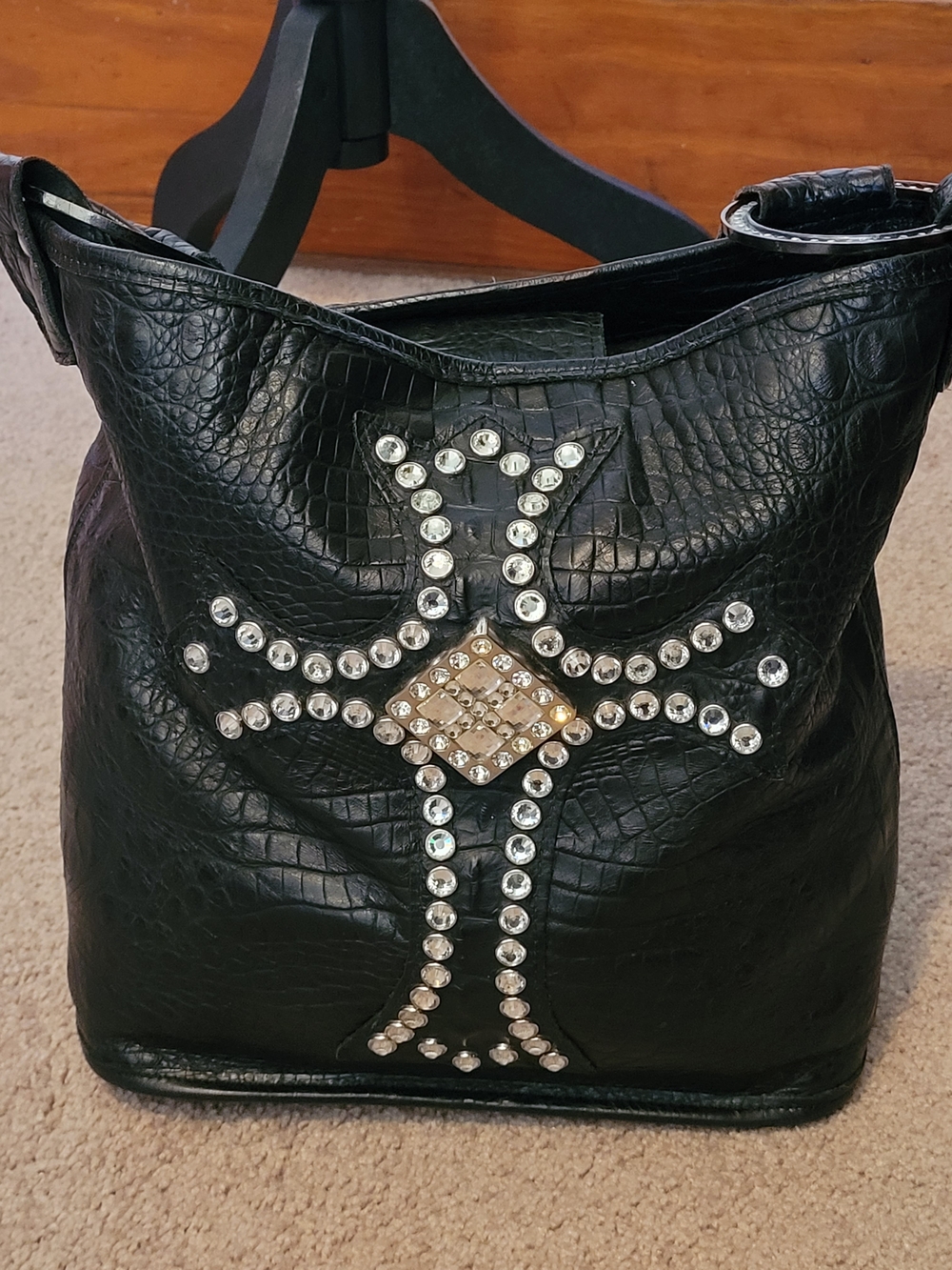 Raviani Black Croc Embossed Leather Rhinestone Studded Shoulder Bag